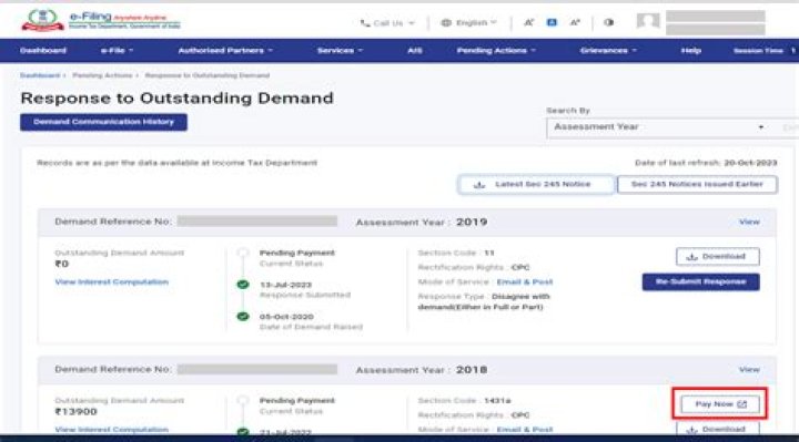How do I check my outstanding tax demand response?